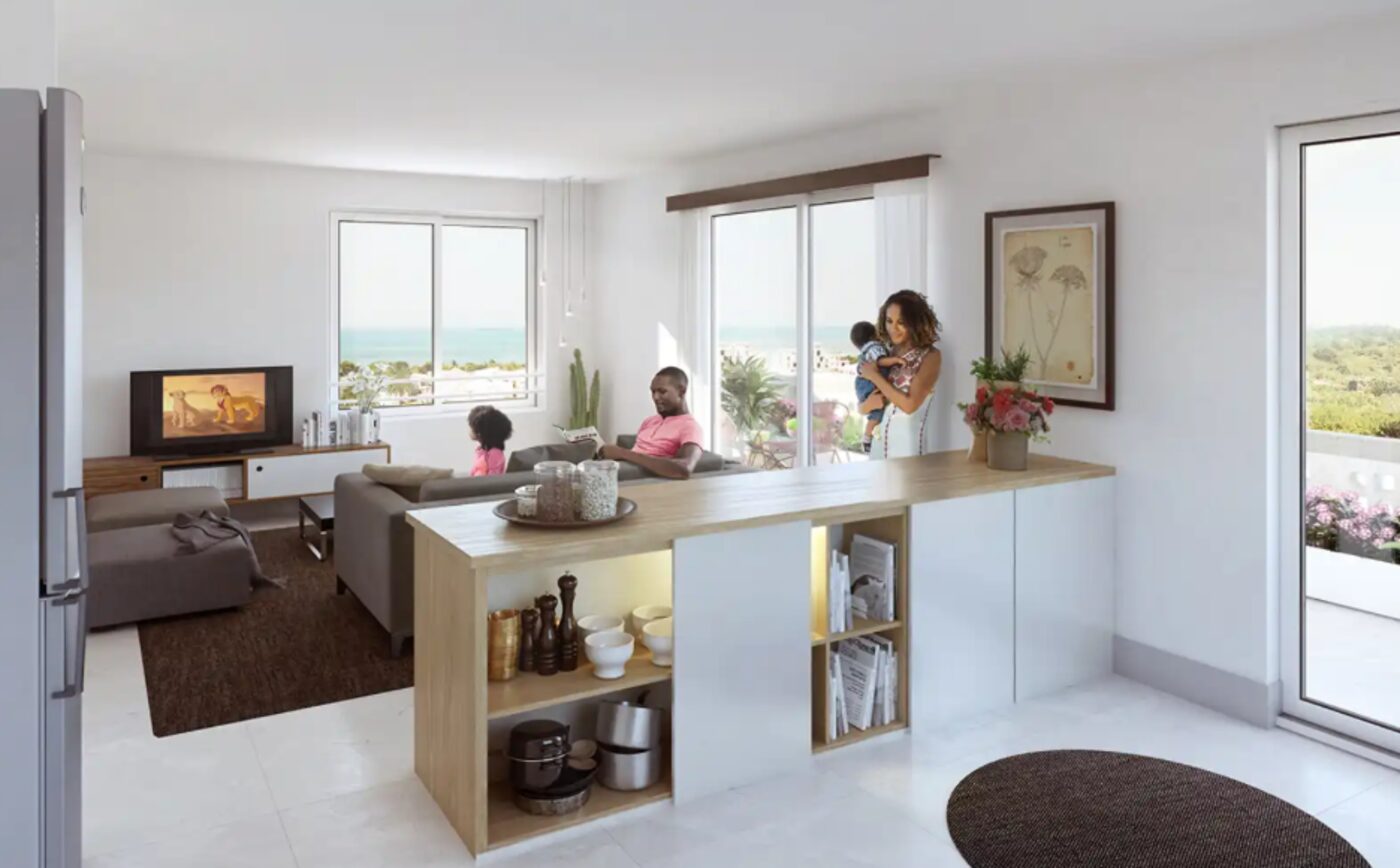Mwangani Apartments for sale in Fumba Town Zanzibar, open plan living room and kitchen with ocean view