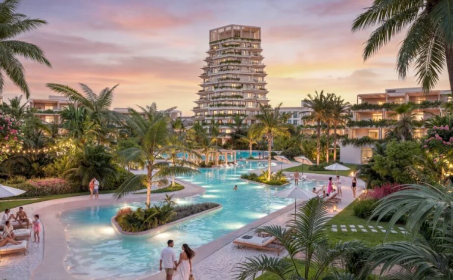 The Soul Fumba residences for sale in Zanzibar with lagoon pool and timber tower at sunset