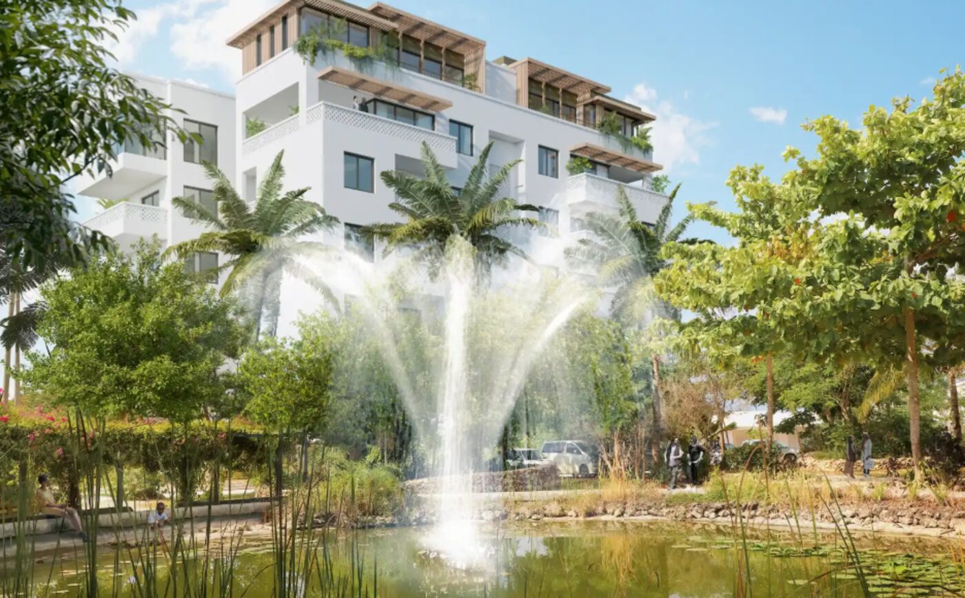 Mwangani SkyLofts rooftop lofts for sale in Fumba Town Zanzibar seen across the garden pond