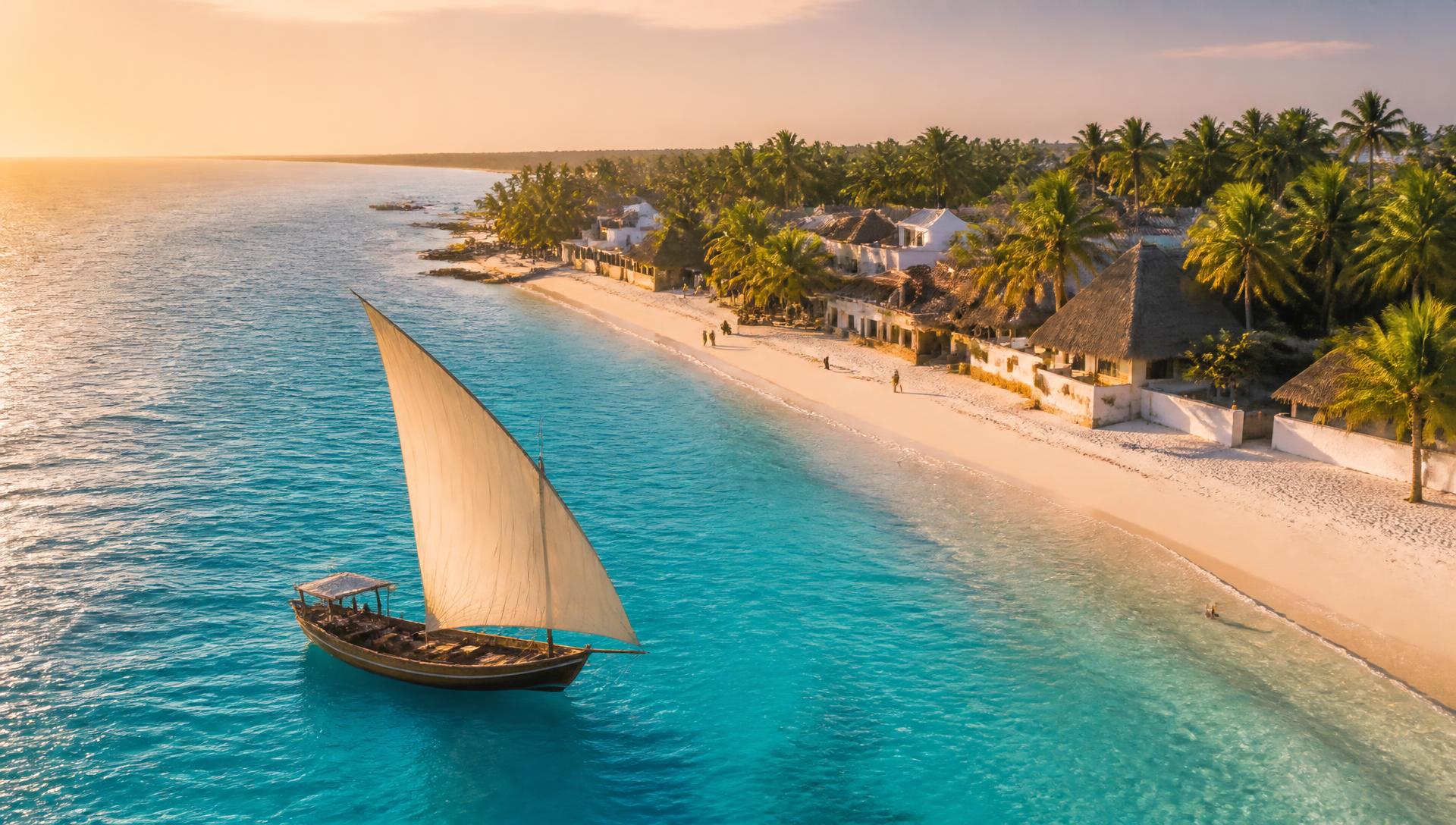 Zanzibar coastline with a traditional dhow at golden hour