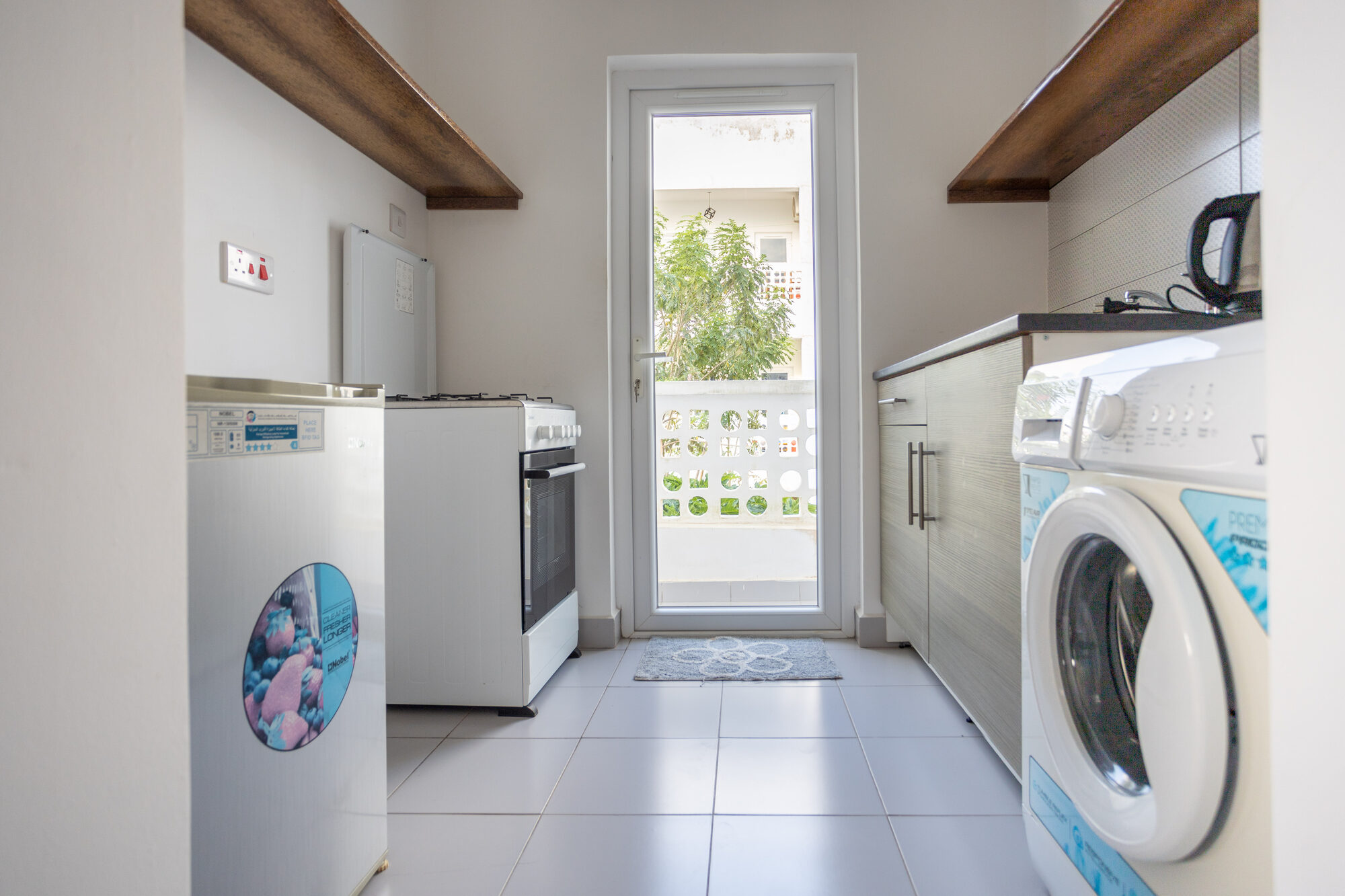 Kitchen appliances and balcony door
